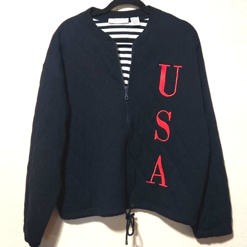 Vintage Chaus USA Blue Quilted  100% Cotton Dolman Zip Up Jacket Large HTF EUC